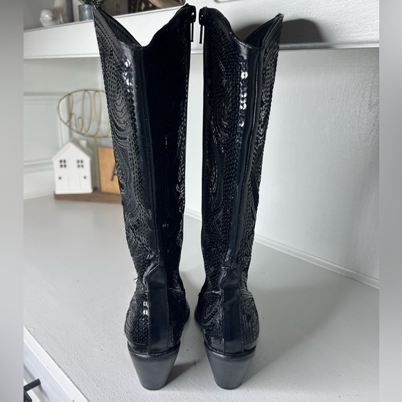 Helen’s Heart Black Sequin Western Boots Women’s 8 Pointed Toe Rhinestone Cowboy - Picture 4 of 8
